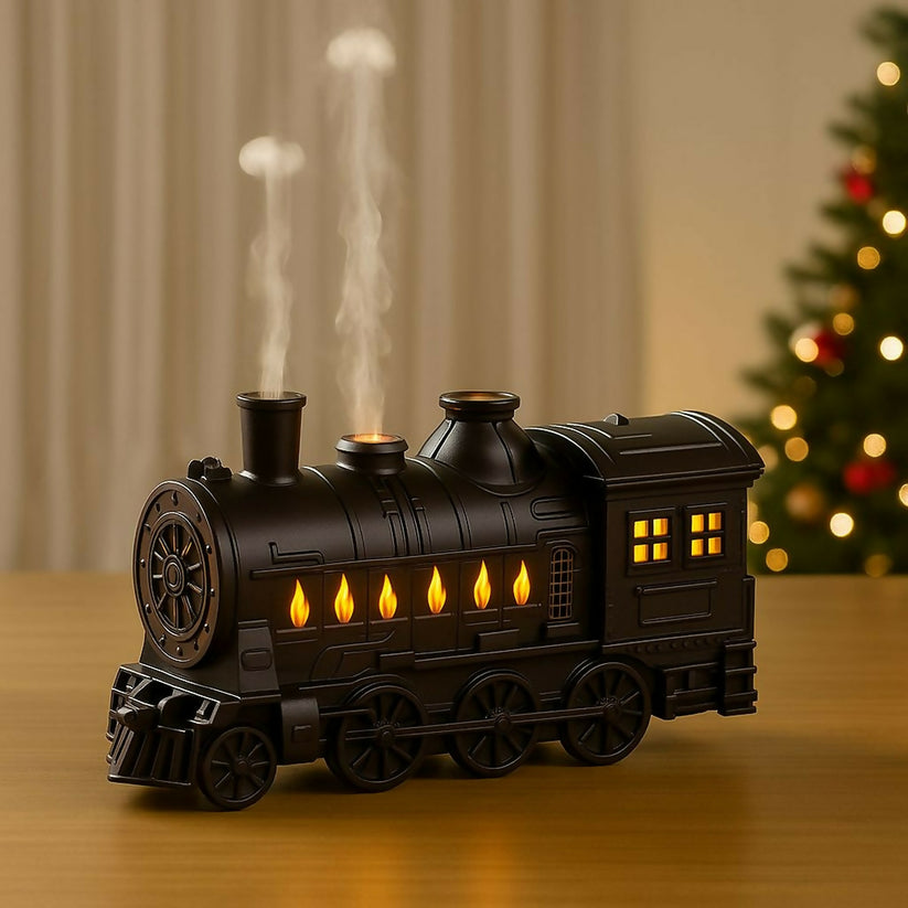 Train-Shaped Aroma Diffuser with Double Spray, Flame Lights & Timer Mo