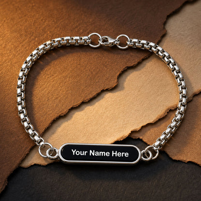Close-up of a custom engraved silver bracelet for men