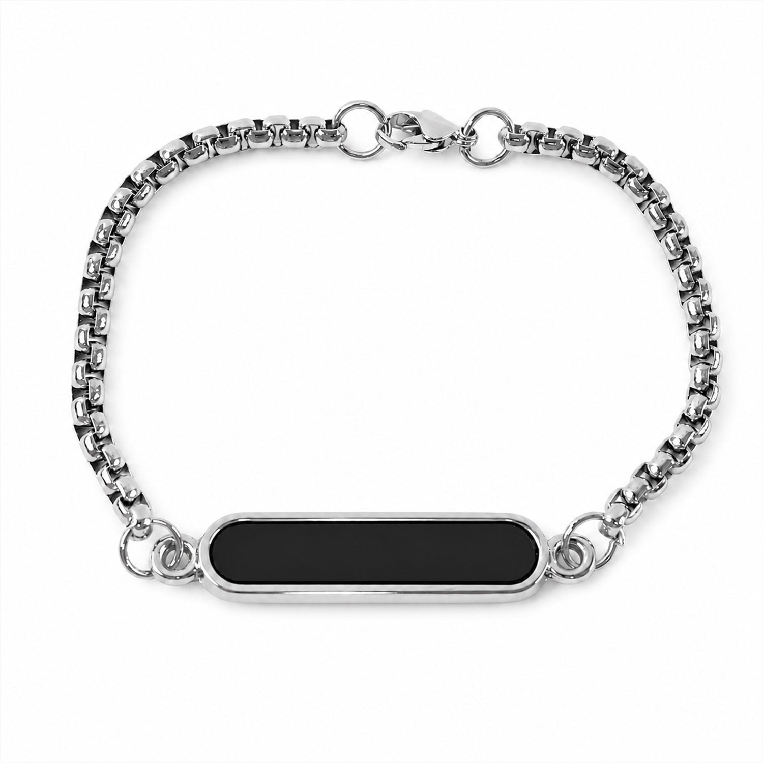 Detailed view of the polished personalized silver bracelet