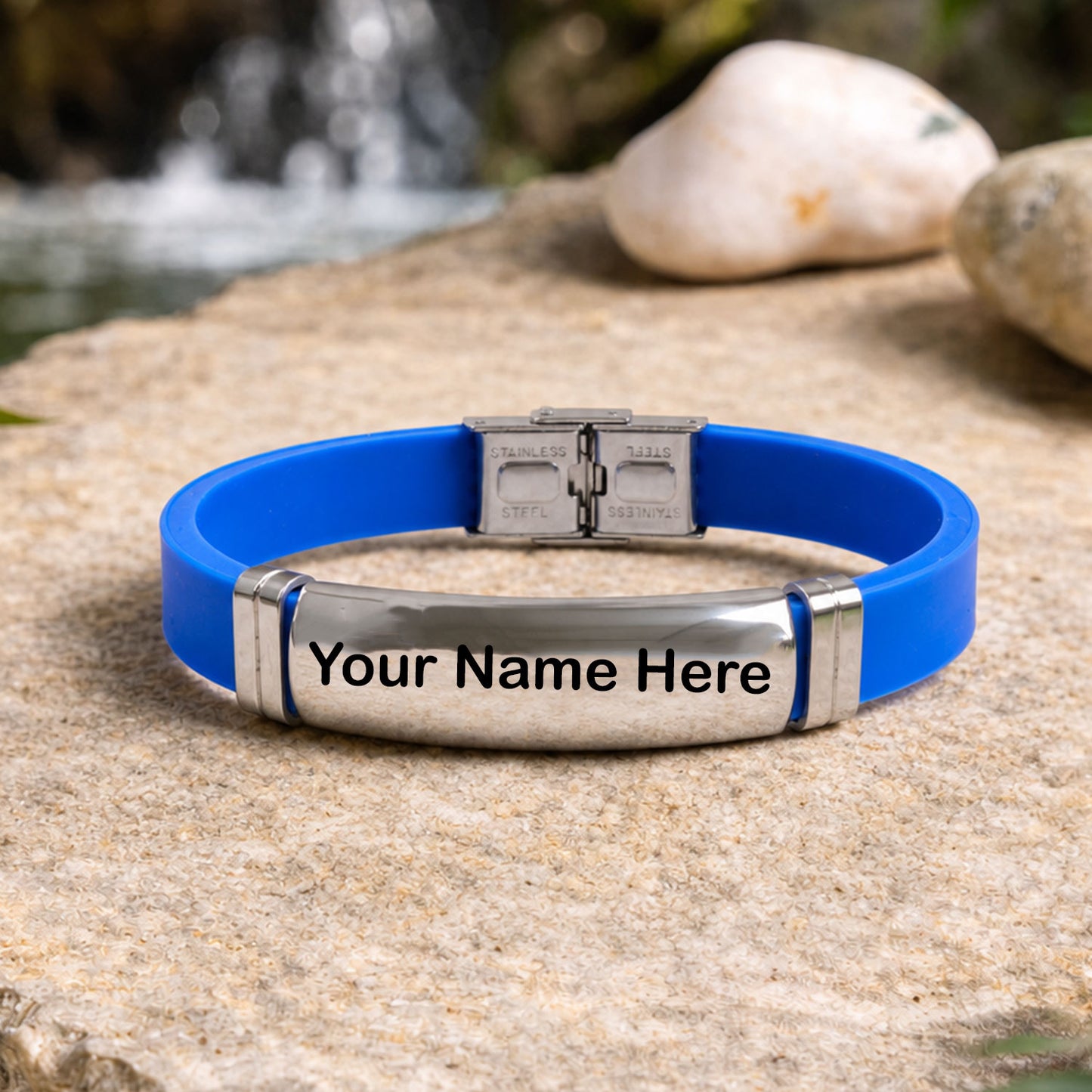 Silicone and metal bracelet on a wrist, showcasing its modern design and comfortable fit.