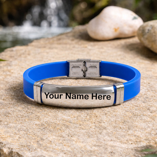 Silicone and metal bracelet on a wrist, showcasing its modern design and comfortable fit.
