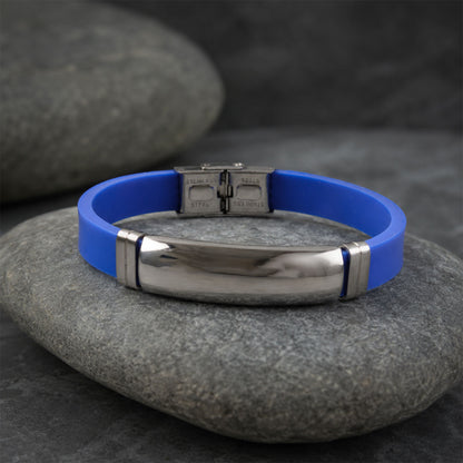Side view of the silicone and metal bracelet, featuring its secure lock closure mechanism.