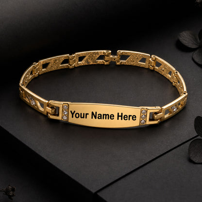 Close up of the custom name bracelet with ethnic band
