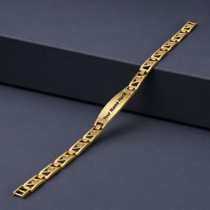 Custom name bracelet on a wrist showing gold plated nameplate