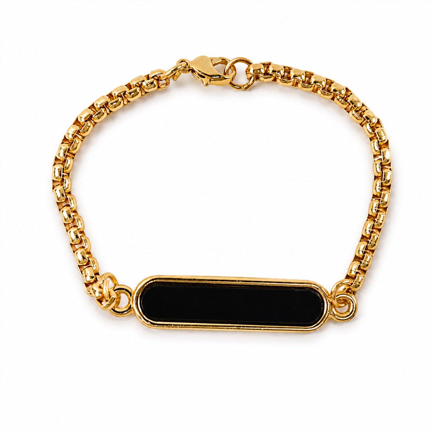 Stylish dual-tone chain of the personalized black enamel name bracelet.