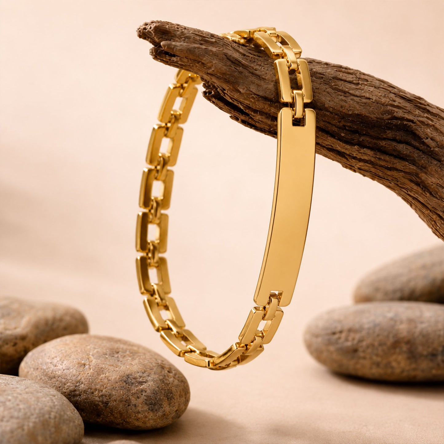 Side view of the custom engraved gold-plated bracelet, showing the dual-link chain.