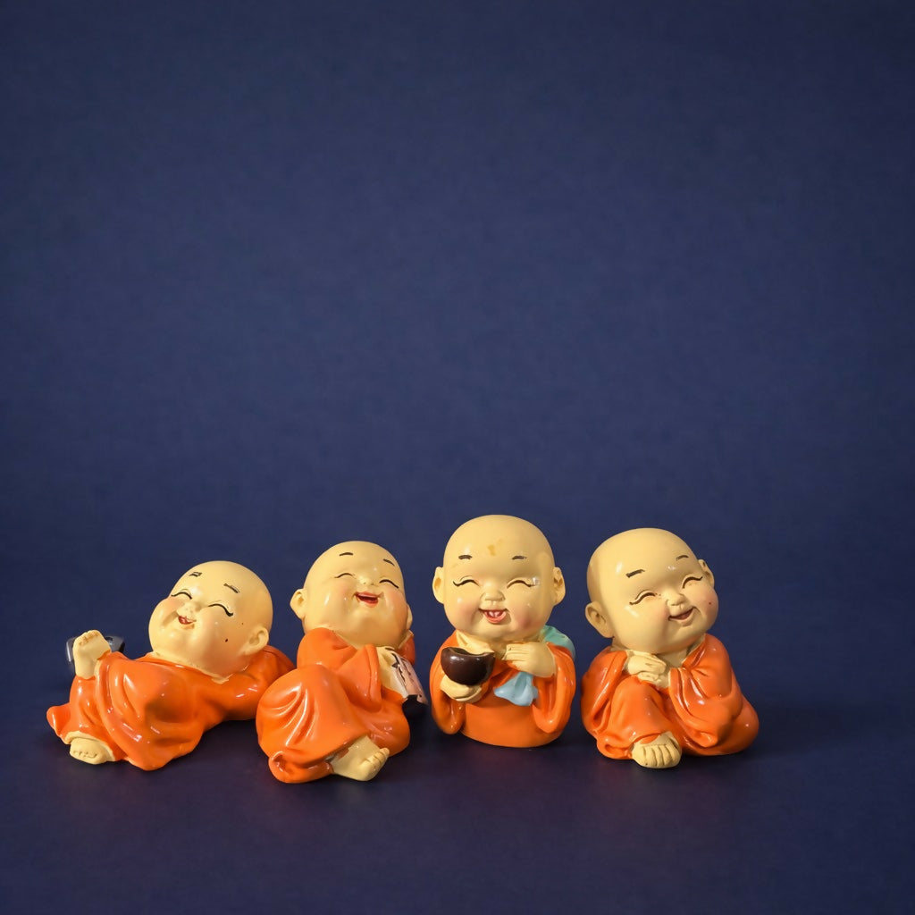 Mini Laughing Monk Figurines Set Of 8 for Home Decor, Office Desk & Gifting