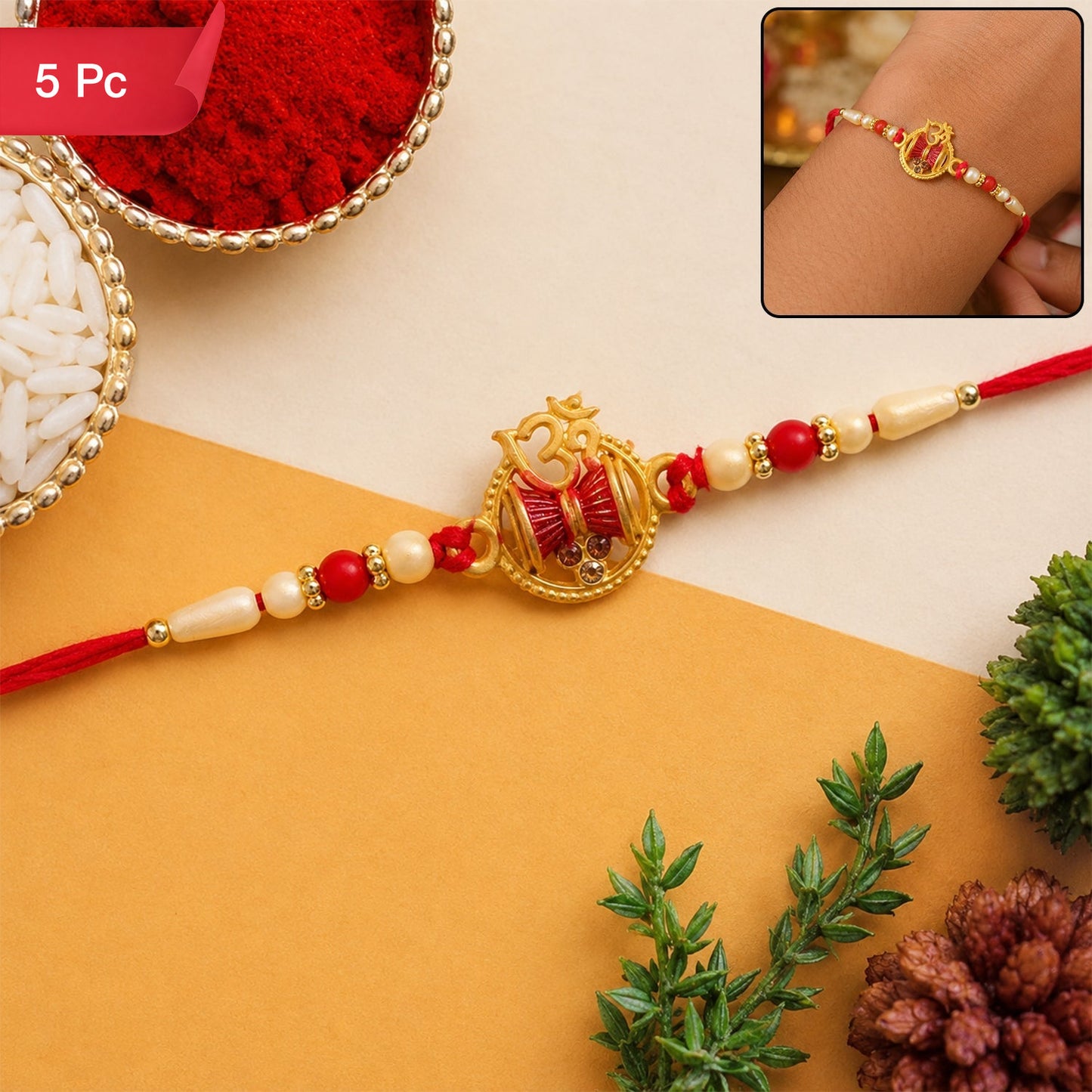 Rakhi Elegant Pearl Beads with Damaru Charm for Brothers (5pcs)