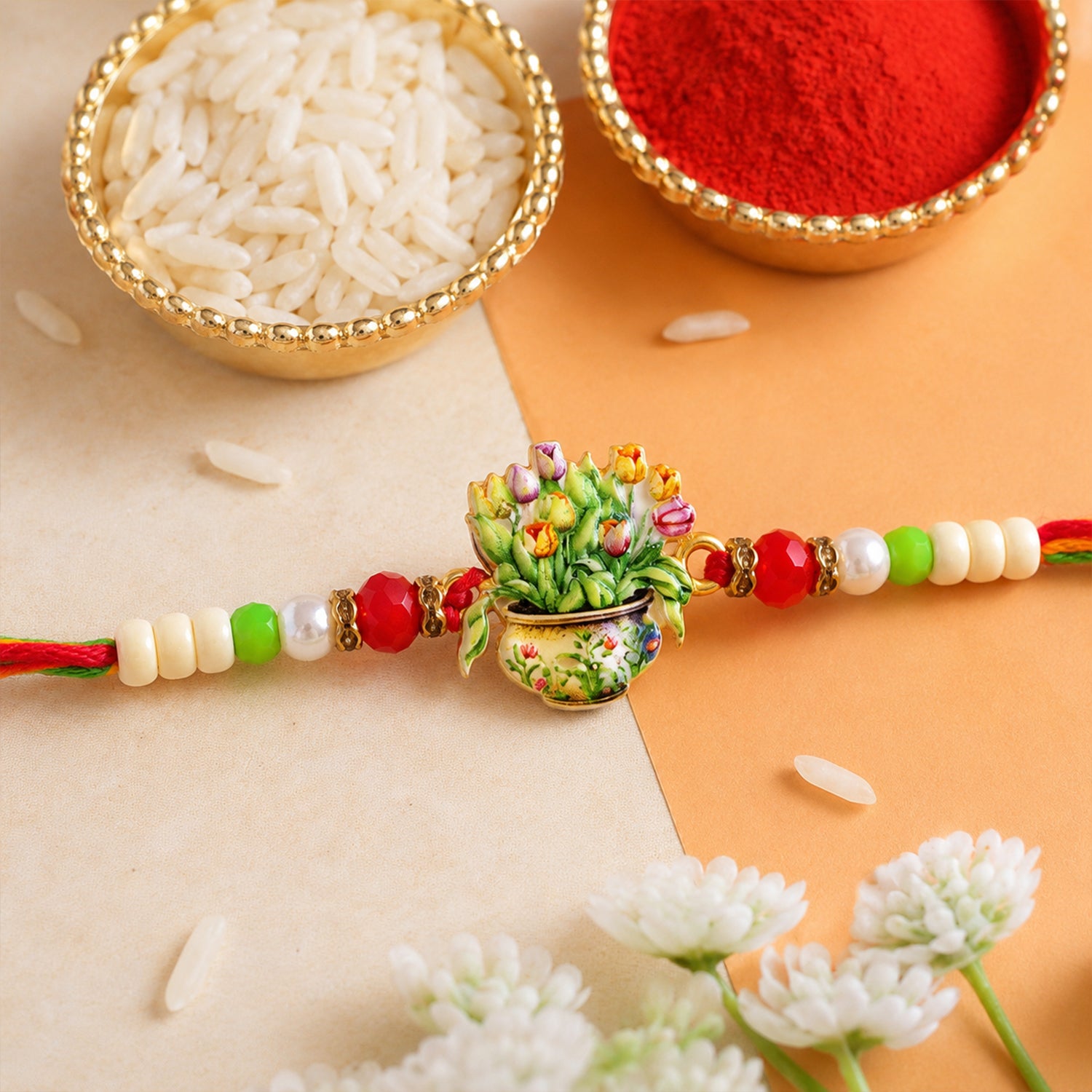 Auspicious Floral Kalash Devotional Rakhi for Brother with Beads Gift