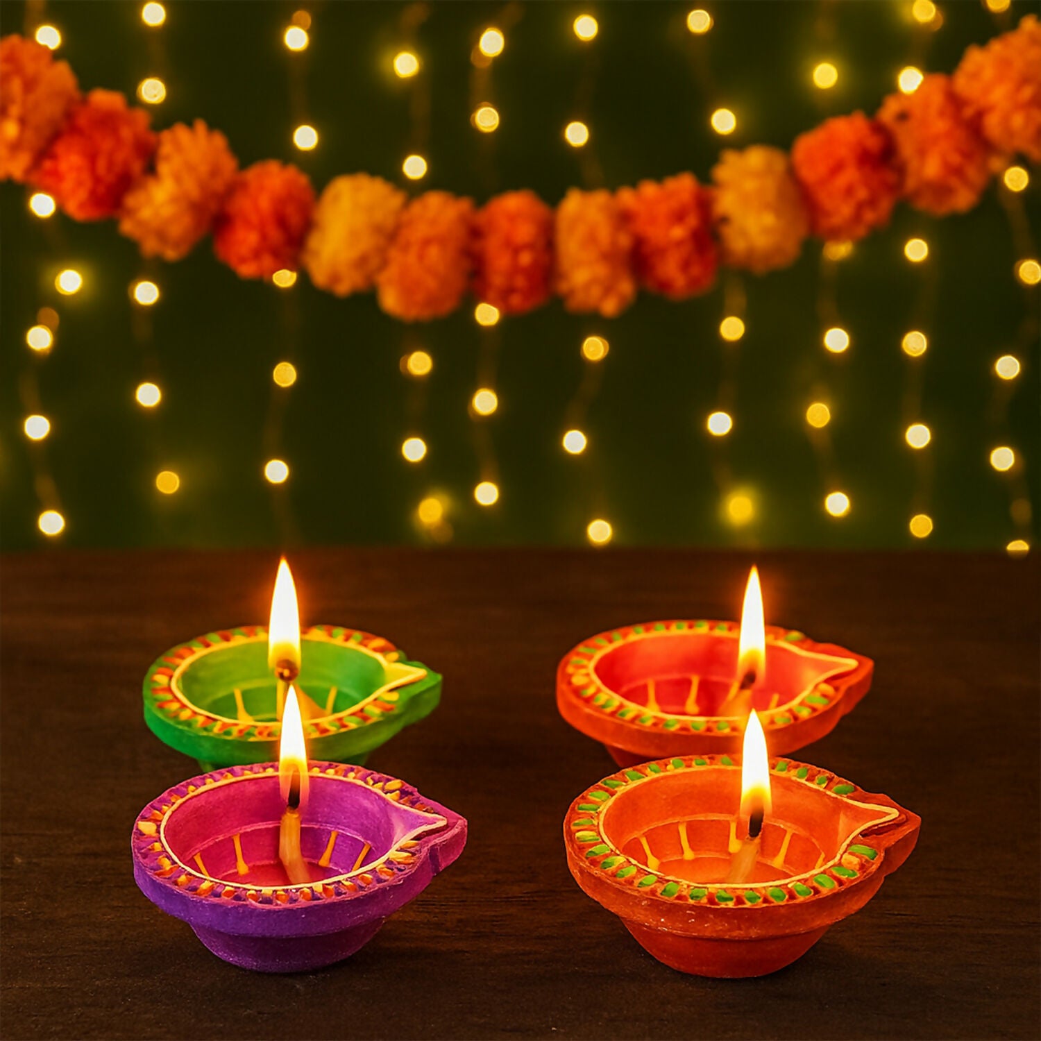Handcrafted Multicolor Mix Diya Set of 4 – Round Flower Pattern Oil Lamps for Diwali, Pooja & Festive Decoration (Mix Design)