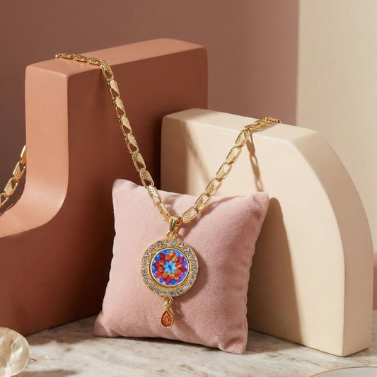 Elegant Multicolor Floral Gold Pendant Necklace with Stone Border