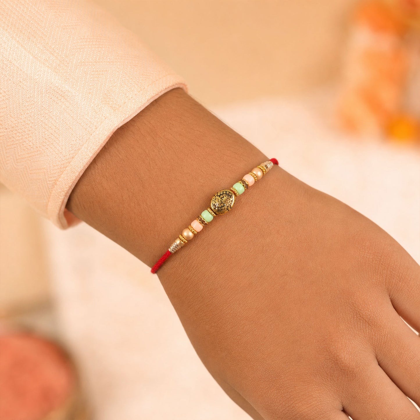 Divine Circular Medallion Bhai Bhabhi Rakhi with Oval Charm and Bead Accents for Gift