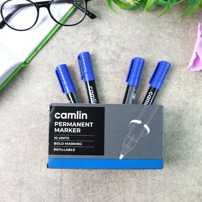 Camlin Permanent Marker – Blue Colour, Bold & Long-Lasting Ink, Refillable Multi-Surface Permanent Markers – Pack of 10