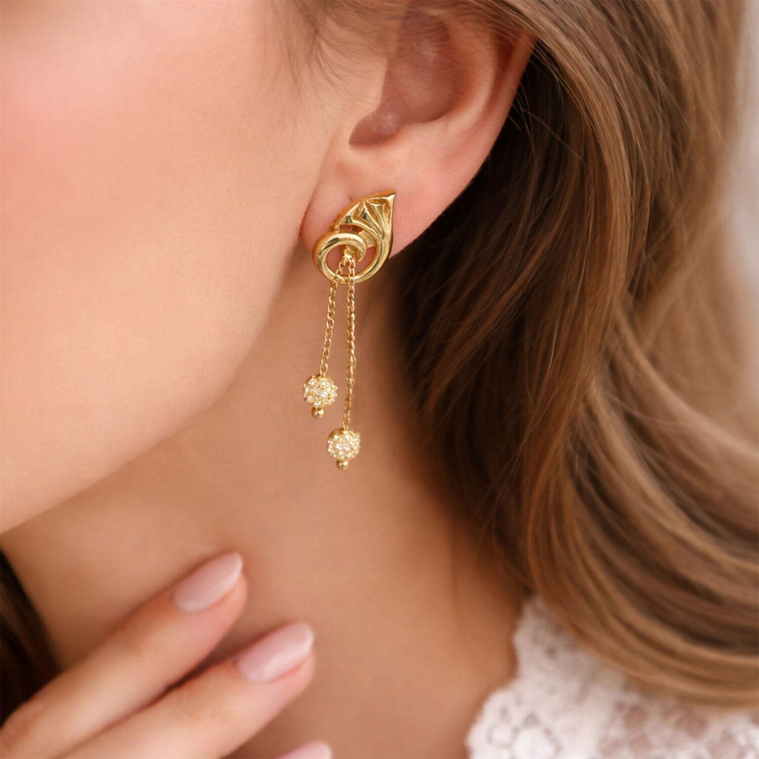 Graceful Flower Crown Gold Dangle Earrings with Bead Drops and Chains (2 Pair)