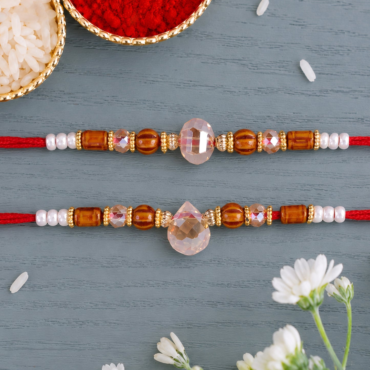 Couple Rakhi Set with Amber Wooden Beads and Faceted Crystal Drops for Bhaiya Bhabhi