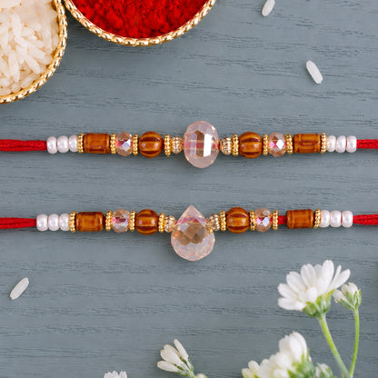 Couple Rakhi Set with Amber Wooden Beads and Faceted Crystal Drops for Bhaiya Bhabhi