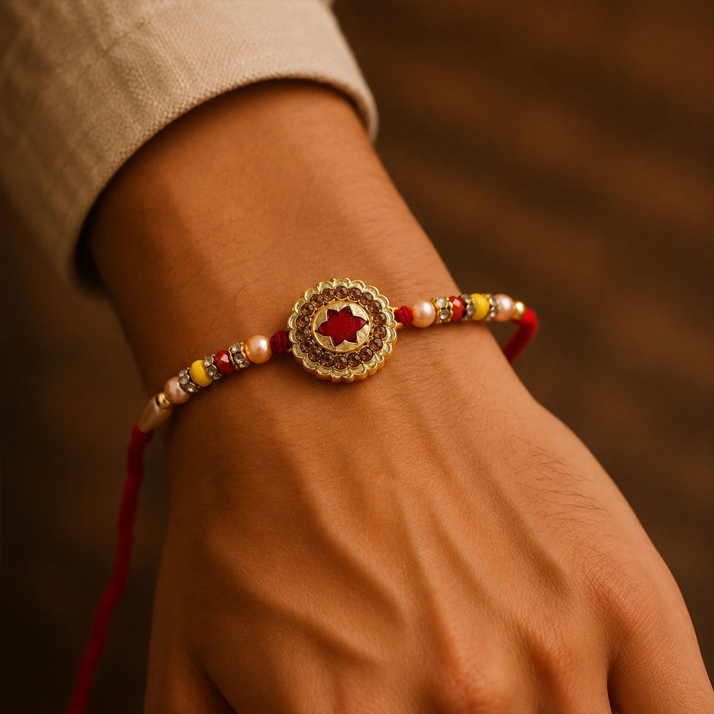Antique Gold Maroon Star Floral Rakhi for Brother with Pearls & Beads