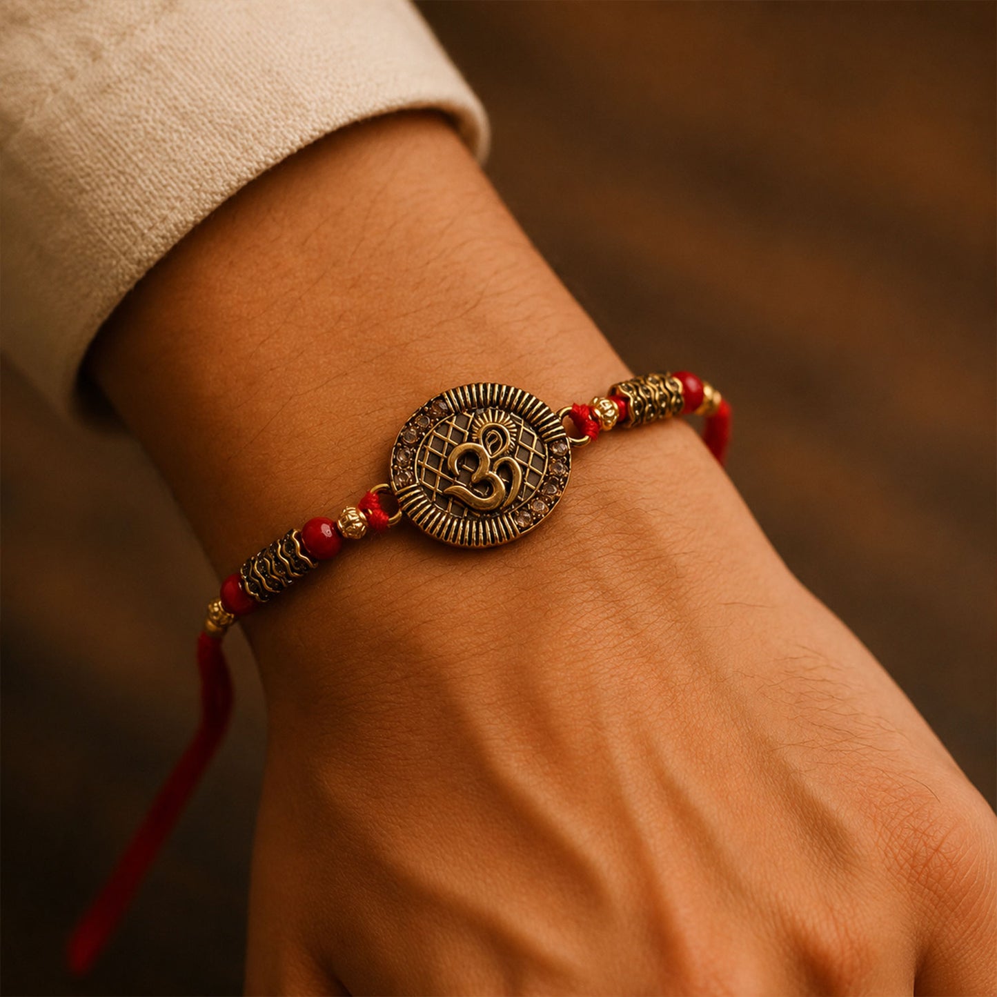 Om Coin Stone Rakhi with Red Beads and Blue Velvet Look