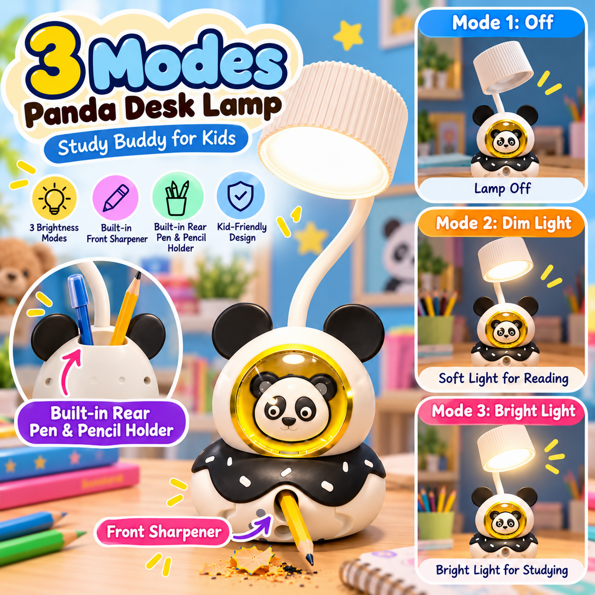 Promotional image showing the panda desk lamp's three light modes and built-in features like a sharpener and pen holder.