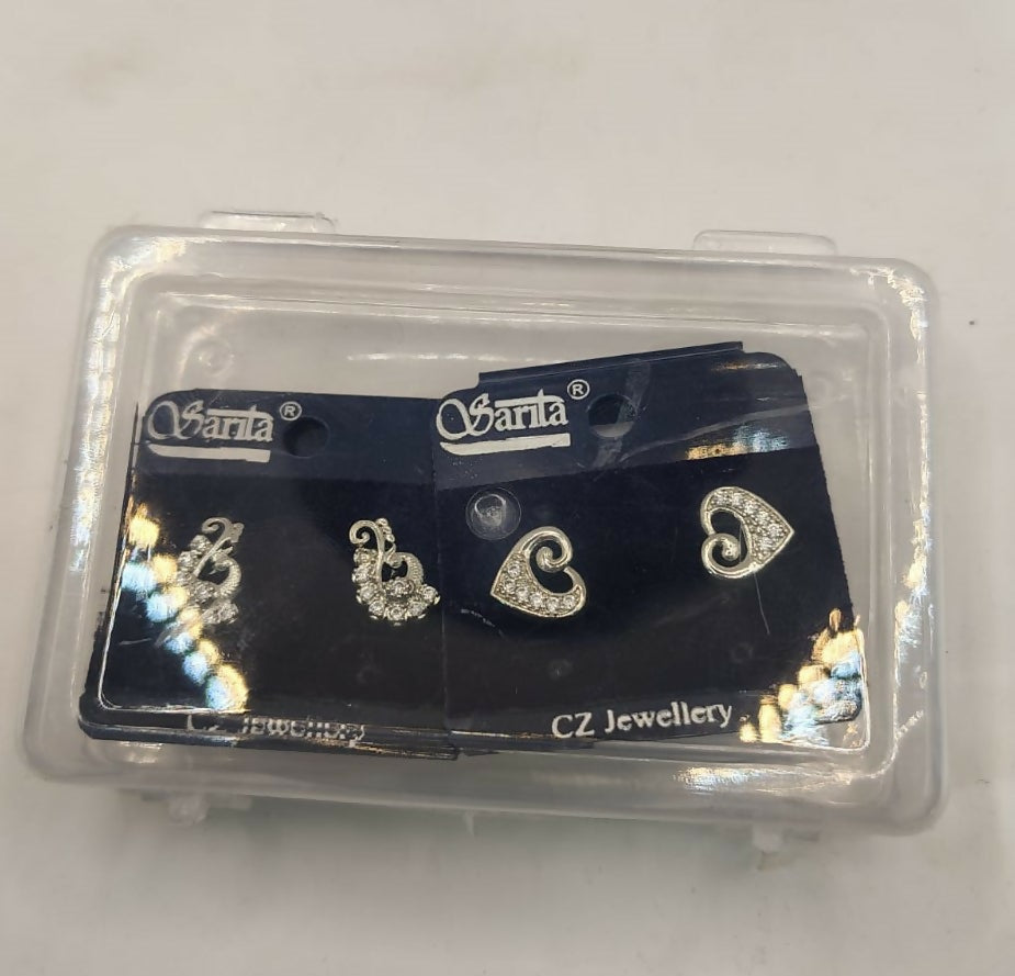 Silver heart stud earrings combo pack displayed against white background