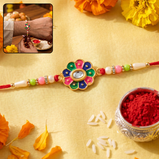 Multicolor Flower Rakhi with Pastel Beads and Fresh Festive Look