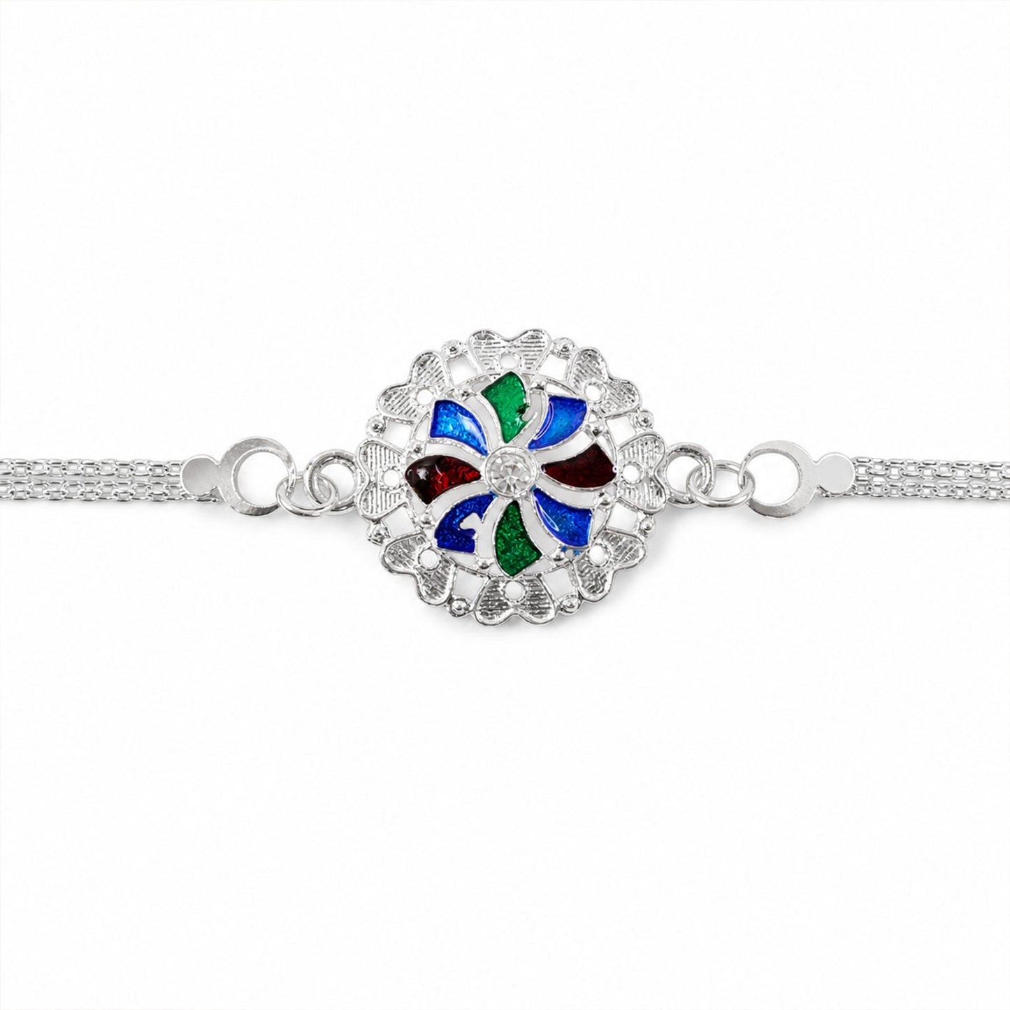 Round Meenakari Mandala Floral Enamel Crystal Silver Chain Rakhi (5pcs)