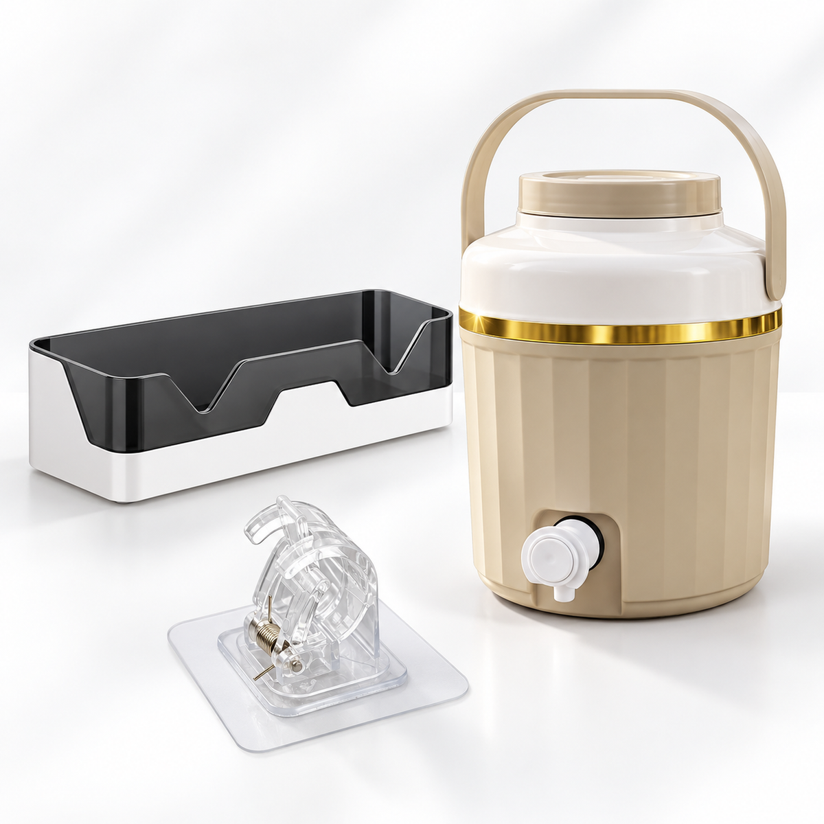 Premium Kitchen & Home Organizer Combo – Water Dispenser, Storage Tray & Transparent Wall Hook