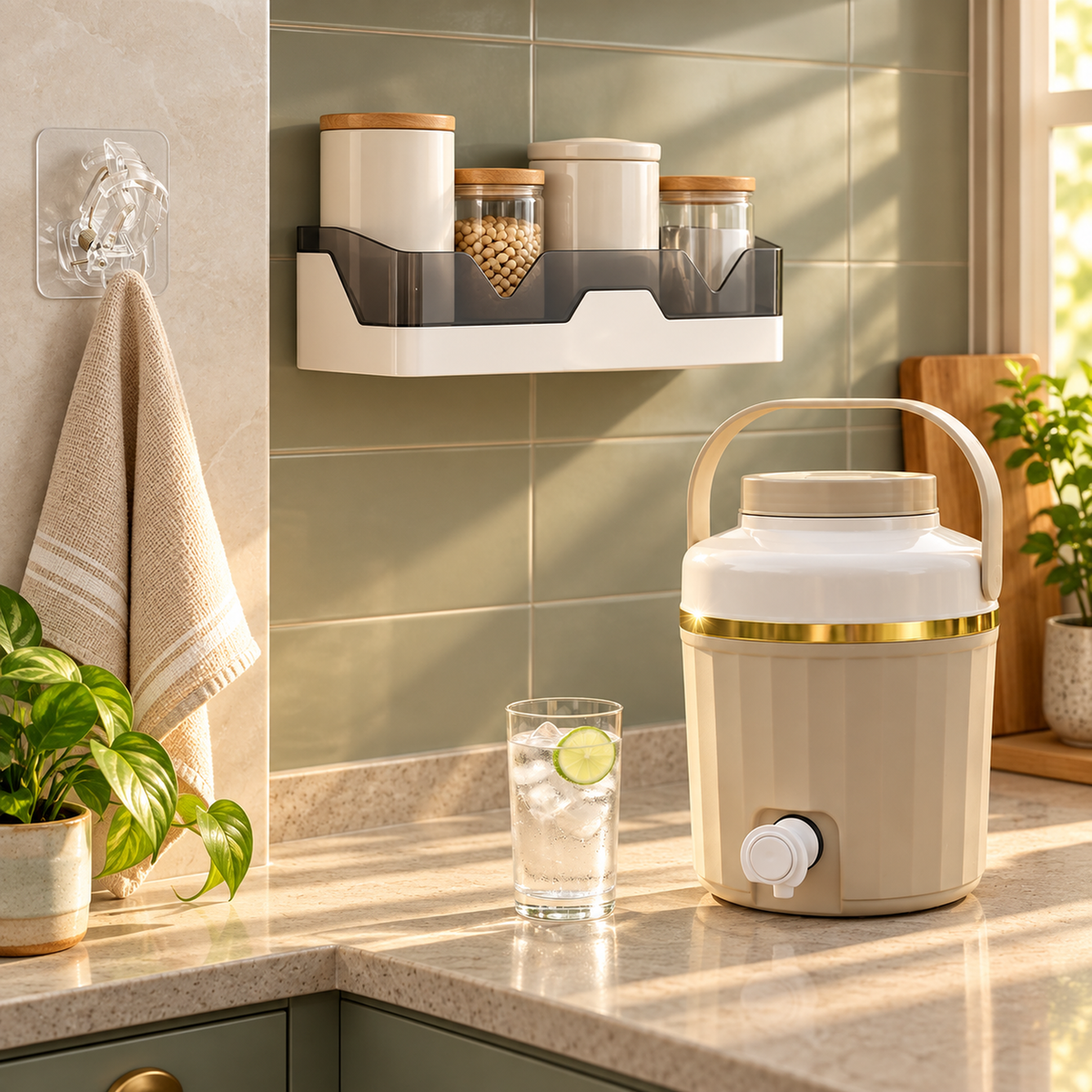 Premium Kitchen & Home Organizer Combo – Water Dispenser, Storage Tray & Transparent Wall Hook