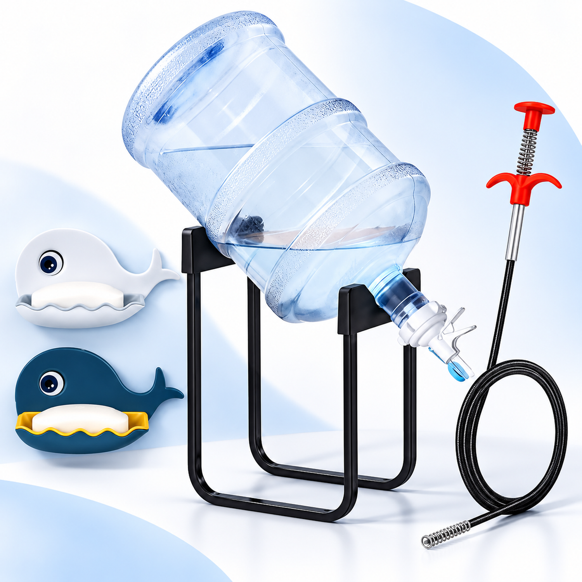 Home Utility Combo – Water Bottle Stand with Pump, Whale Soap Holders & Drain Cleaning Tool