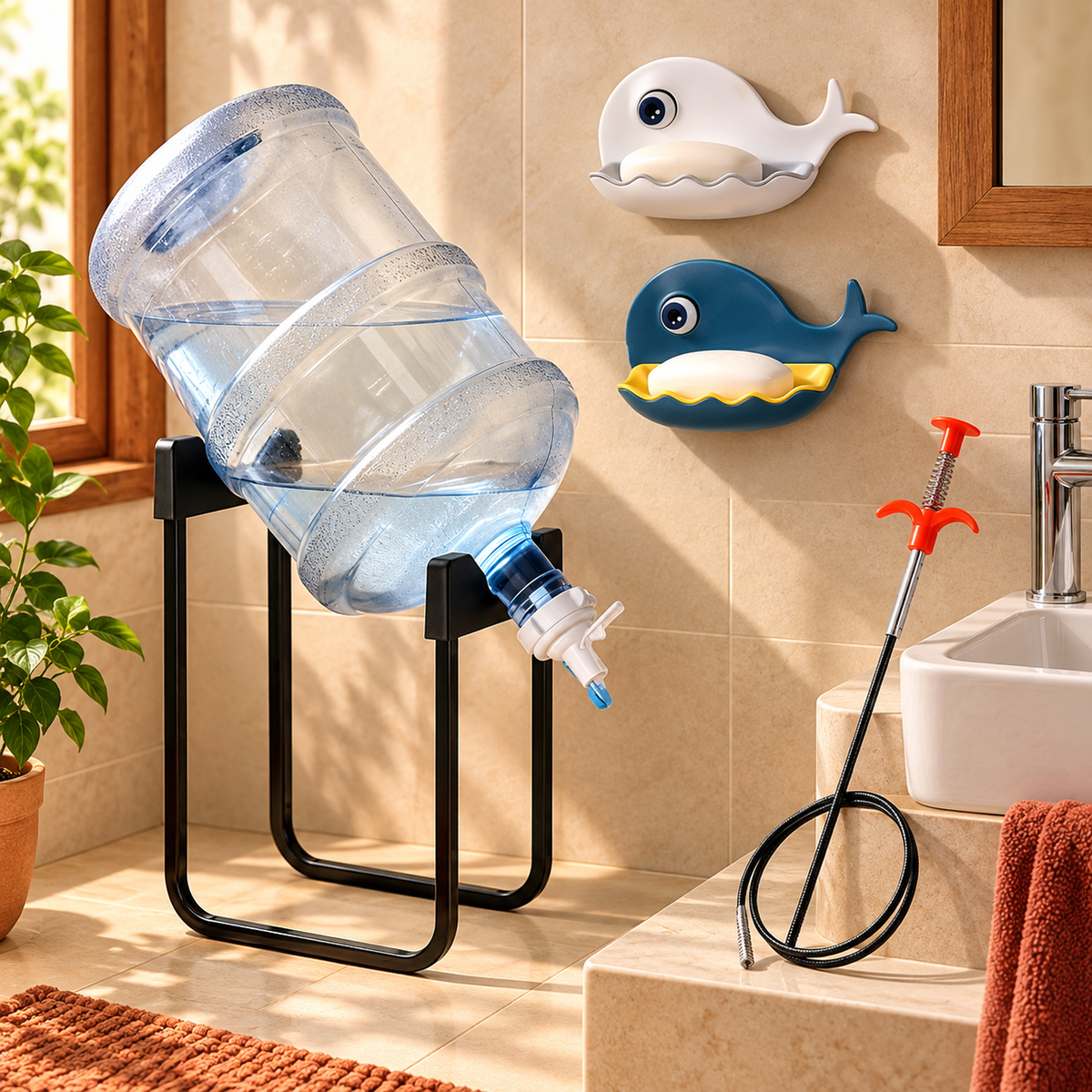 Home Utility Combo – Water Bottle Stand with Pump, Whale Soap Holders & Drain Cleaning Tool