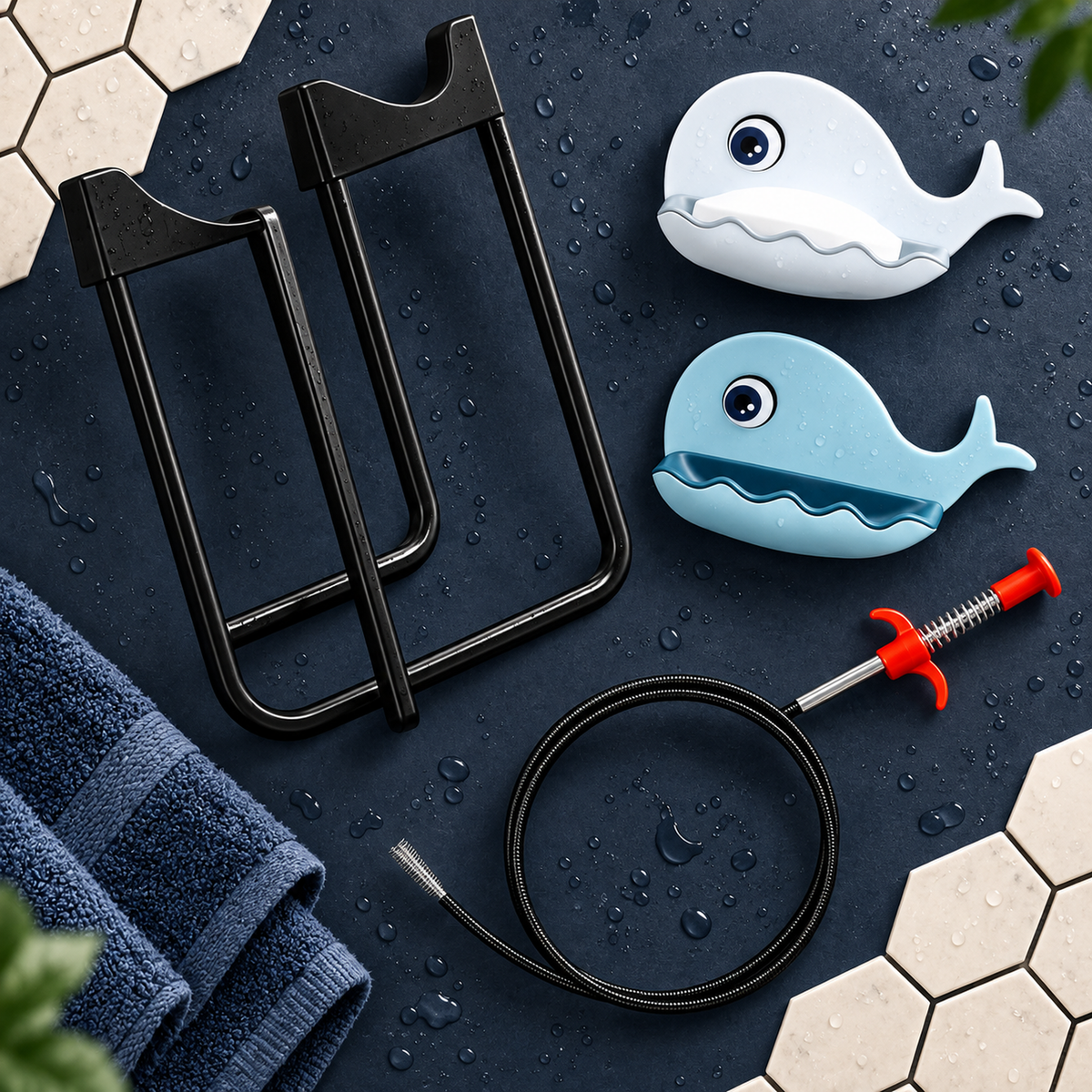 Home Utility Combo – Water Bottle Stand with Pump, Whale Soap Holders & Drain Cleaning Tool