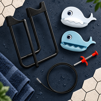 Home Utility Combo – Water Bottle Stand with Pump, Whale Soap Holders & Drain Cleaning Tool