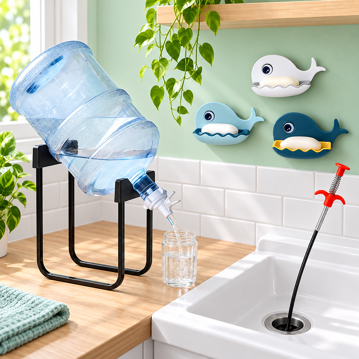 Home Utility Combo – Water Bottle Stand with Pump, Whale Soap Holders & Drain Cleaning Tool