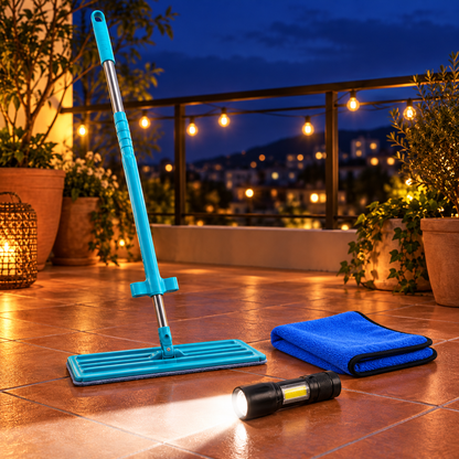3-in-1 Home Cleaning & Utility Combo – Flat Mop, LED Flashlight & Microfiber Cloth