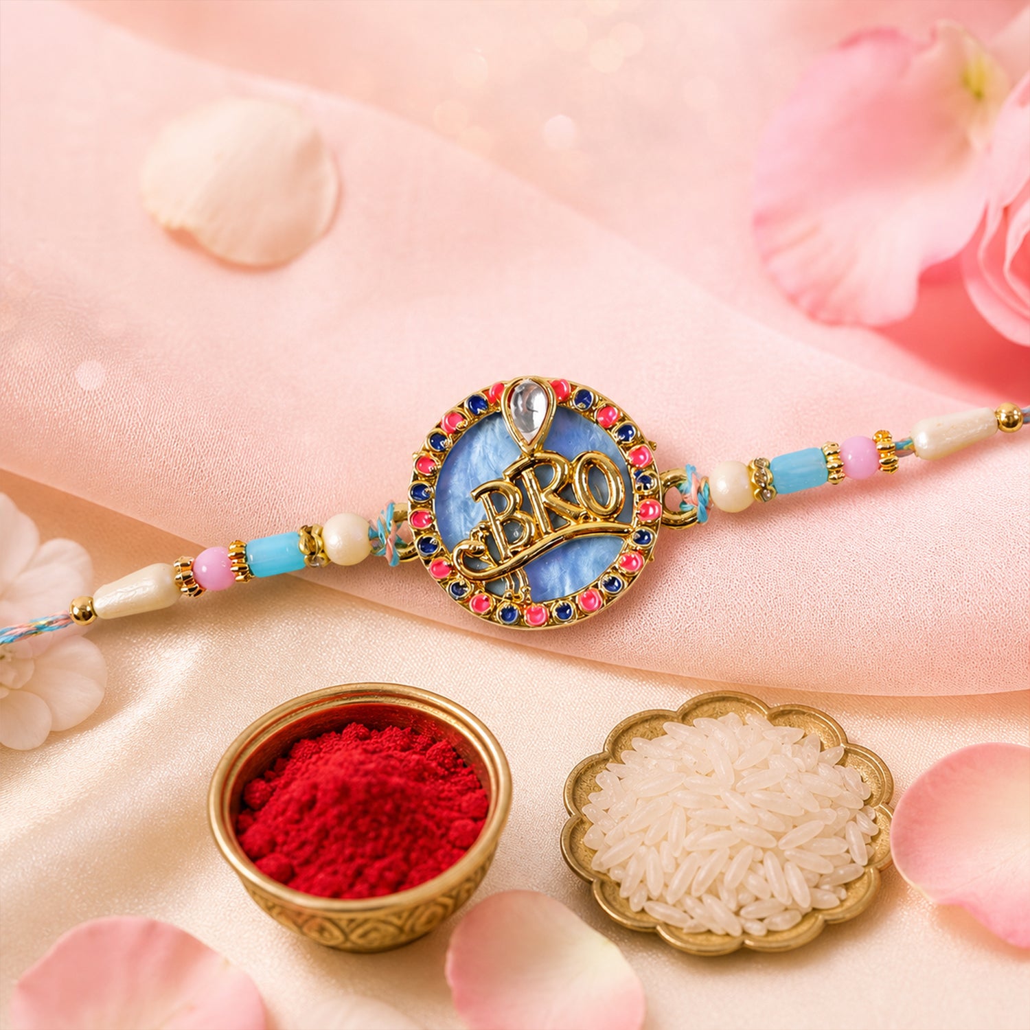 Bro Text Pendant Rakhi with Pink and Navy Kundan Stones