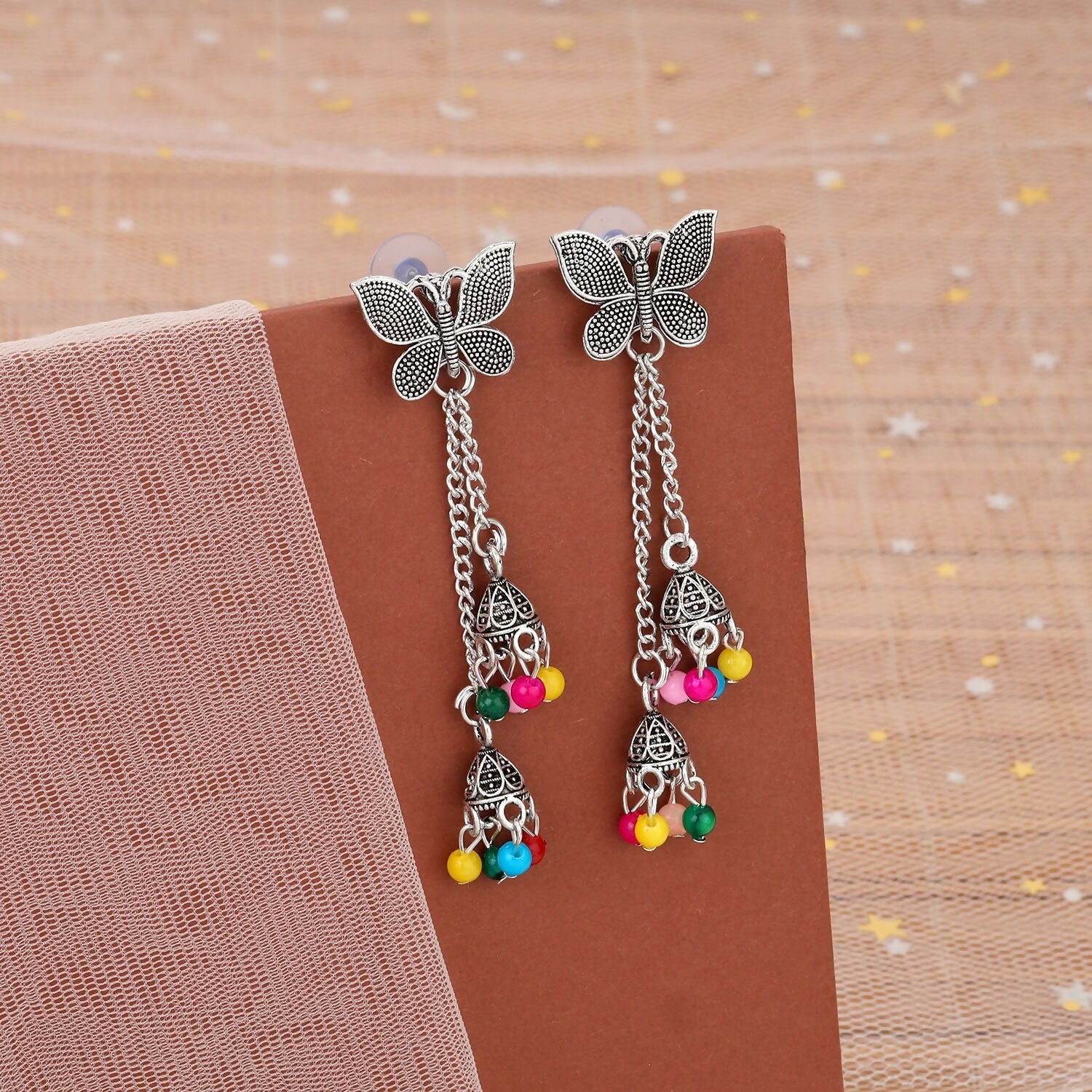 Oxidised Butterfly Chain Jhumka Earings