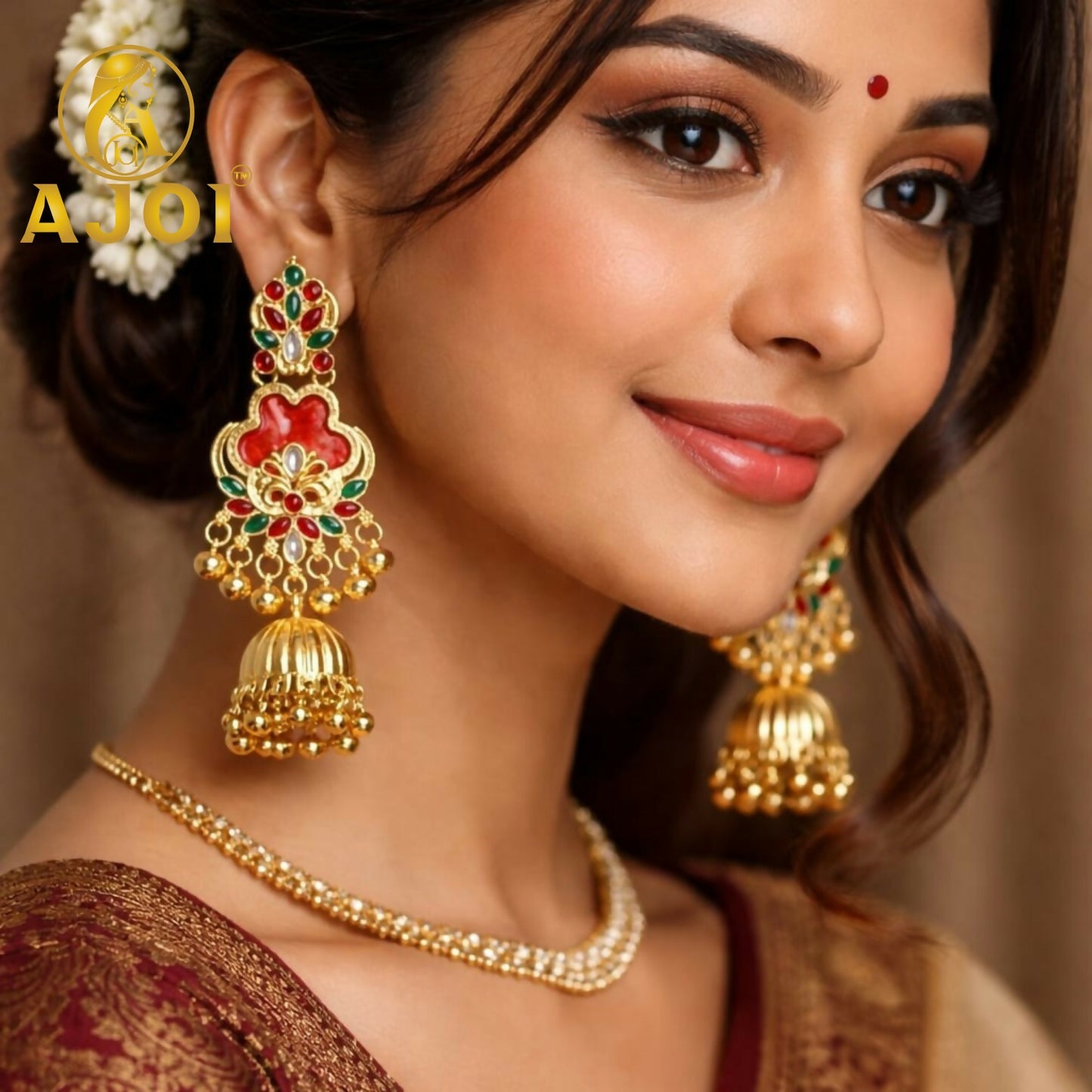 Traditional Red Stone Jhumka Earrings for Women Ethnic Jewelry