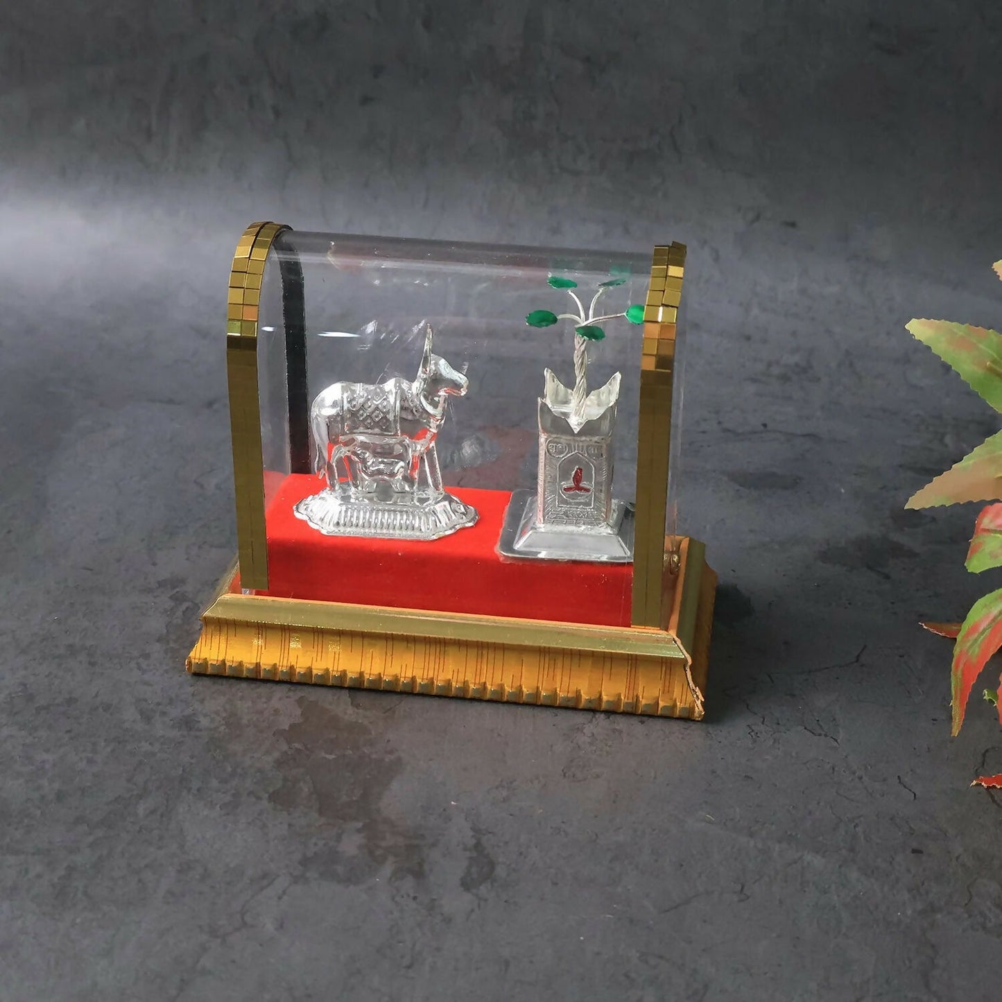 Silver Decorative Cow and Kalash Set in Premium Glass Dome for Pooja and Home DÃ©cor