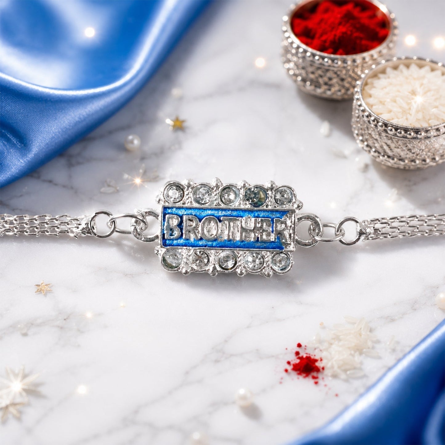 Brother Nameplate Chain Style Stone Studded Designer Rakhi (5pcs)