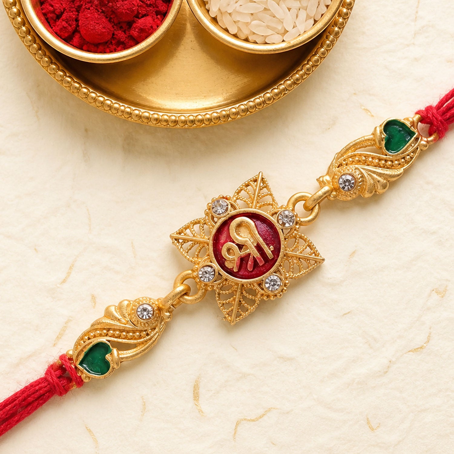Classic Rakhi with Shri Plaque, ornate work and thread style for Product Display