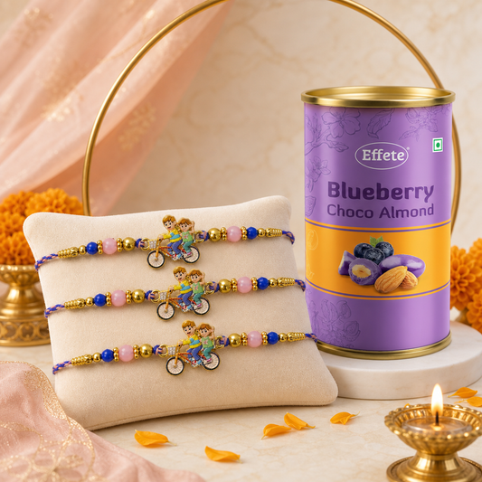 Cycling Friends Kids Rakhi Set with Blueberry Almonds, Pack of 3