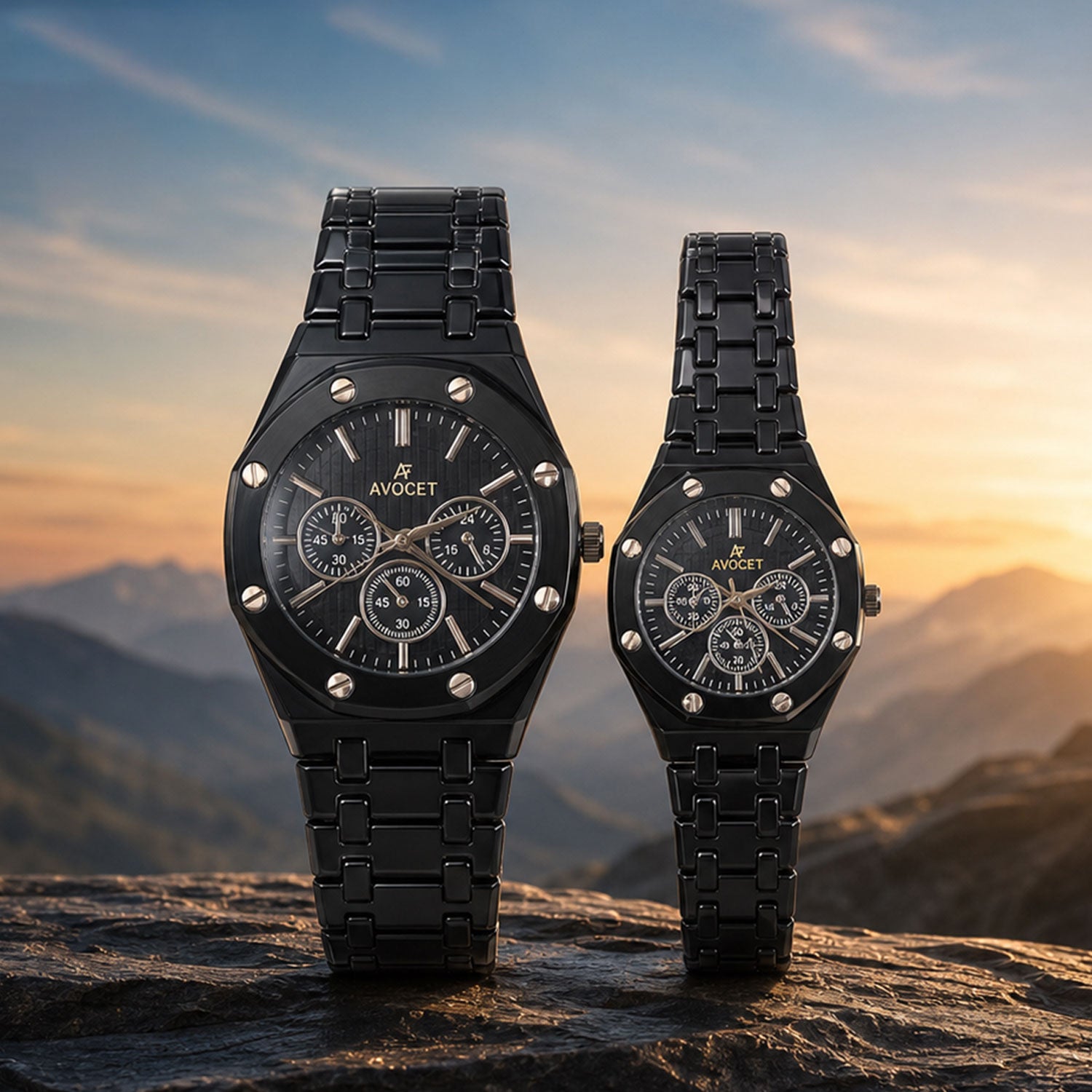 Black Dial Stainless Style Couple Watch Set with Matching Analog Design for Men Women