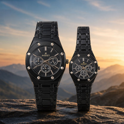 Black Dial Stainless Style Couple Watch Set with Matching Analog Design for Men Women