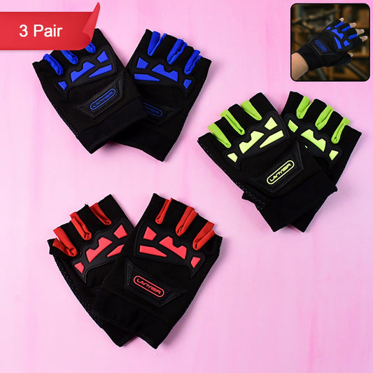 Unisex Half Finger Gym Gloves with Anti-Slip Grip and Protective Padding for Weightlifting, Cycling, and Fitness – 3 Pair
