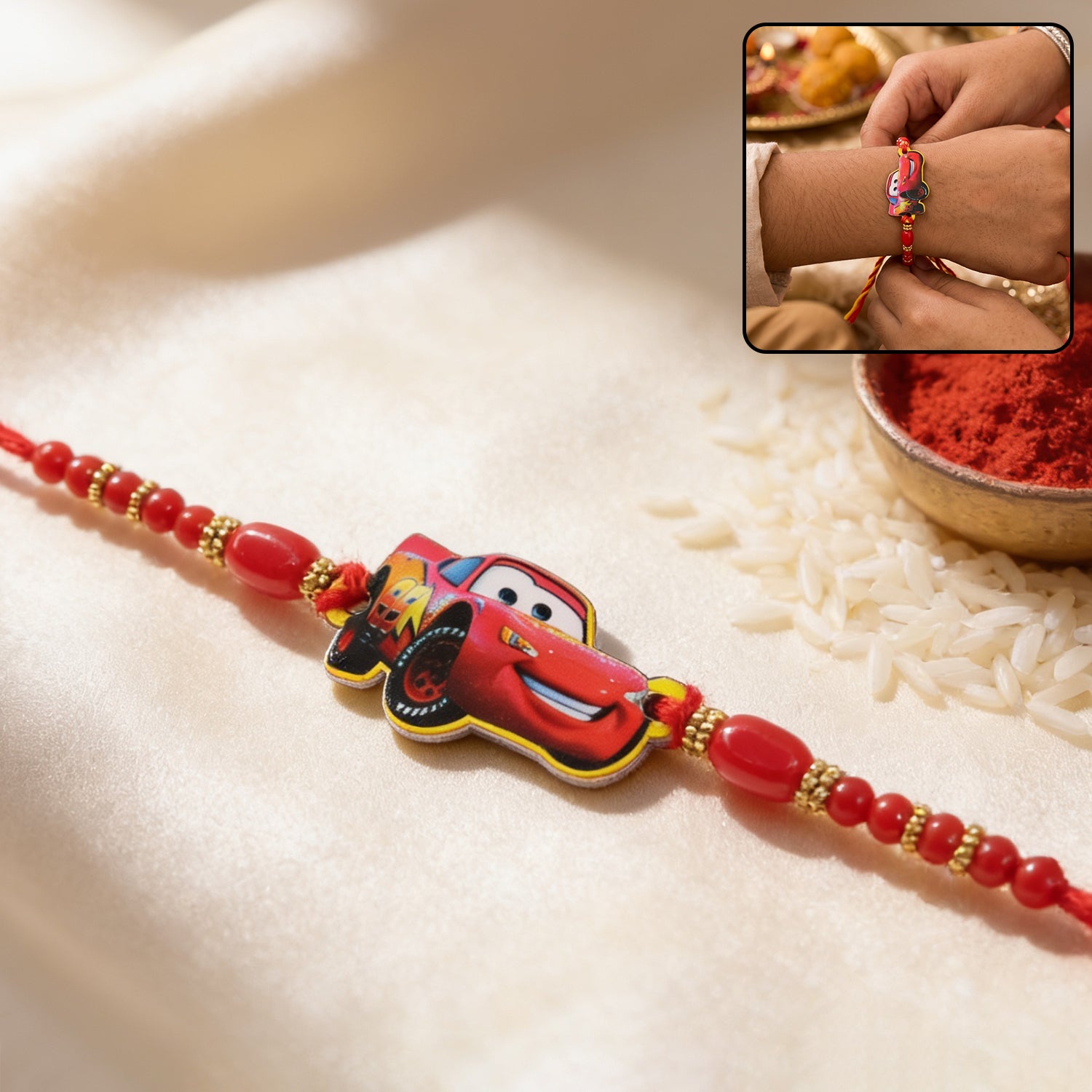 Red Racing Car Kids Rakhi with Gold Beads and Red Thread