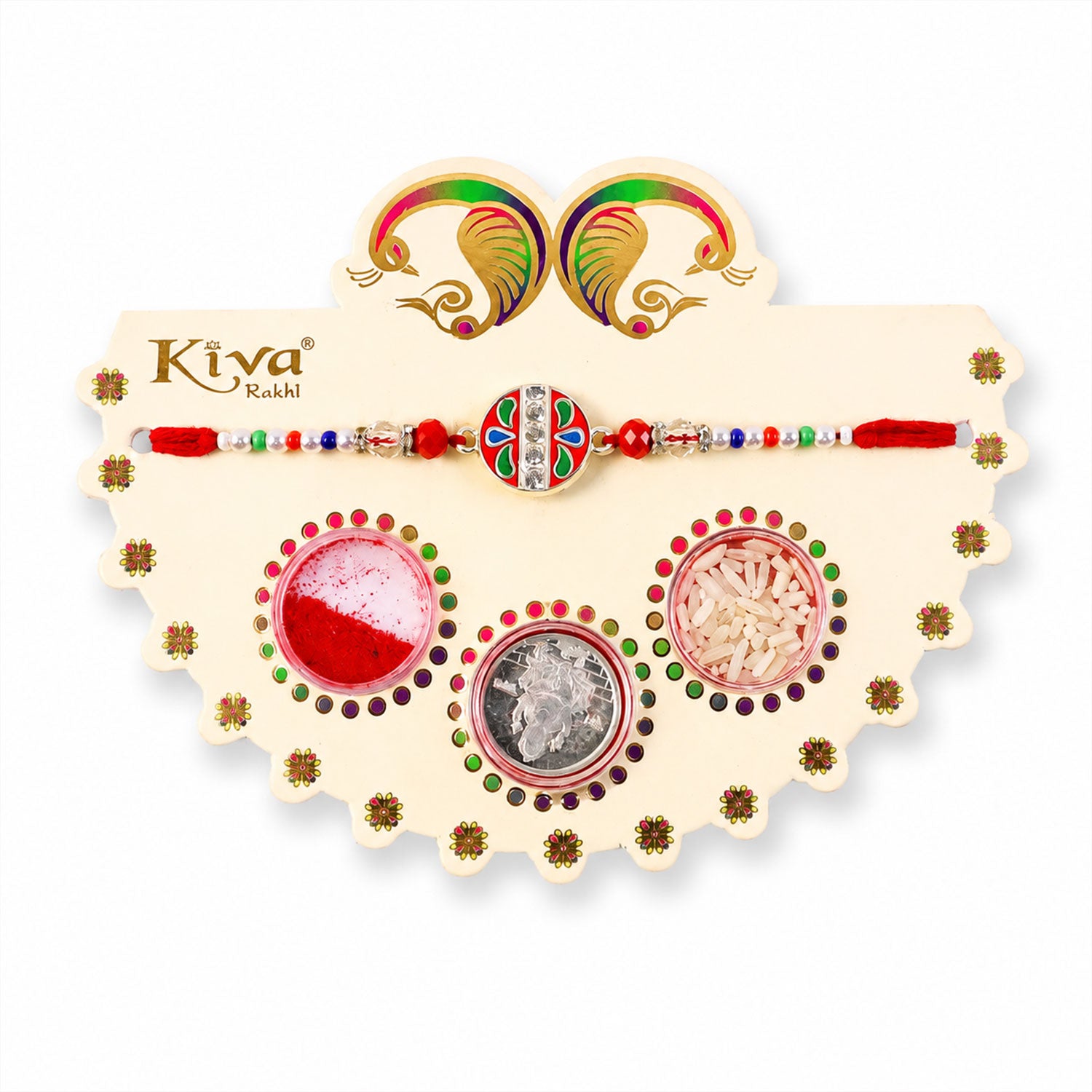 Round Red Green Enamel Rakhi with Multicolor Beads, Roli Chawal Coin and Card Packing