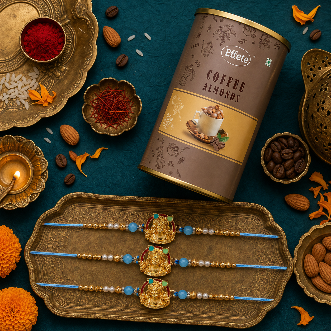 Gold-Toned Khatu Shyam Pearl Rakhi with Coffee Chocolate Almonds, Pack of 3