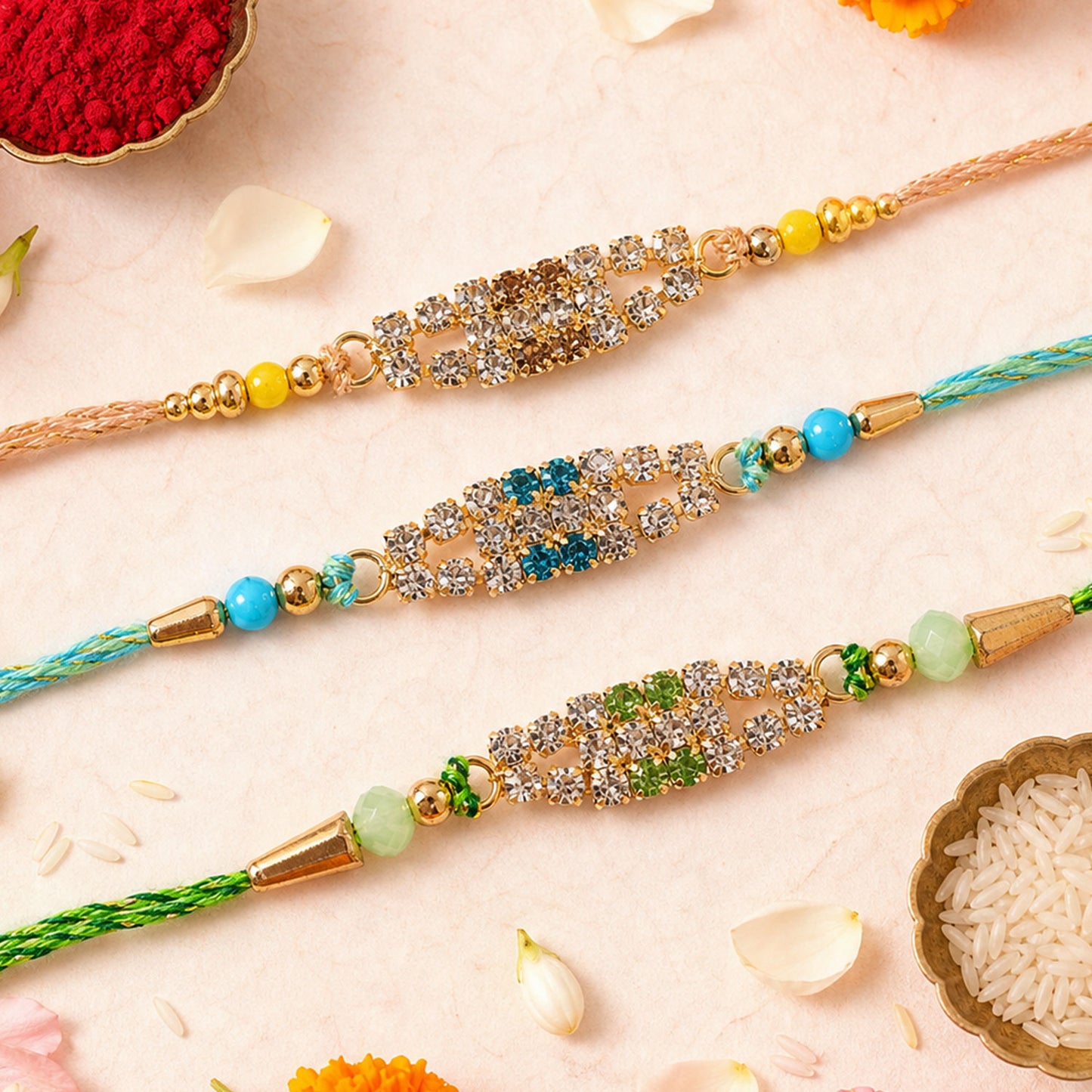 Long Oval Centre Motif Rakhi in Mix Colour Threads (Pack of 6)