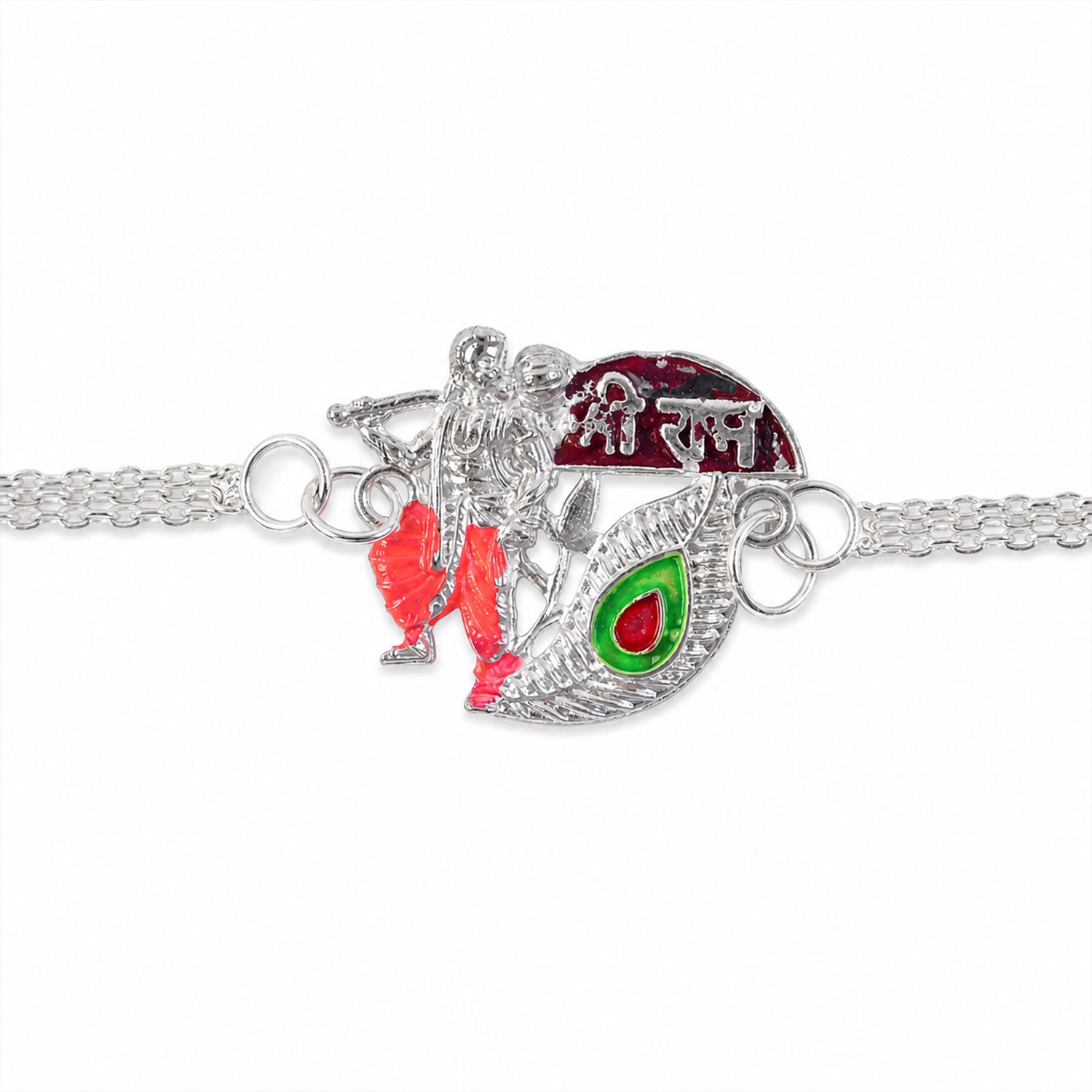 Devotional Morpankh Enamel Silver Chain Rakhi (10pcs)