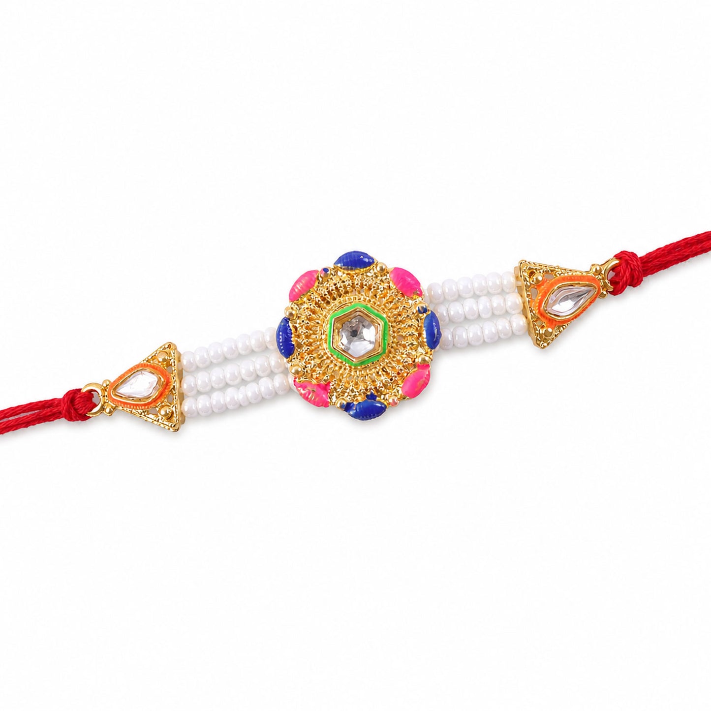 Round Filigree Kundan & Meenakari Centerpiece Rakhi with Triple Strand White Pearls
